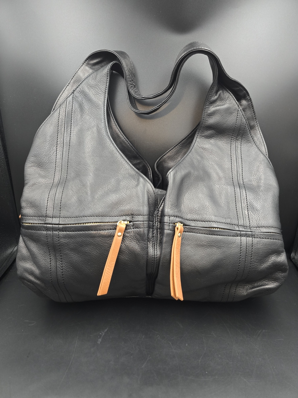 Sondra Roberts Black Leather Hobo with Tan Zipper Pulls
